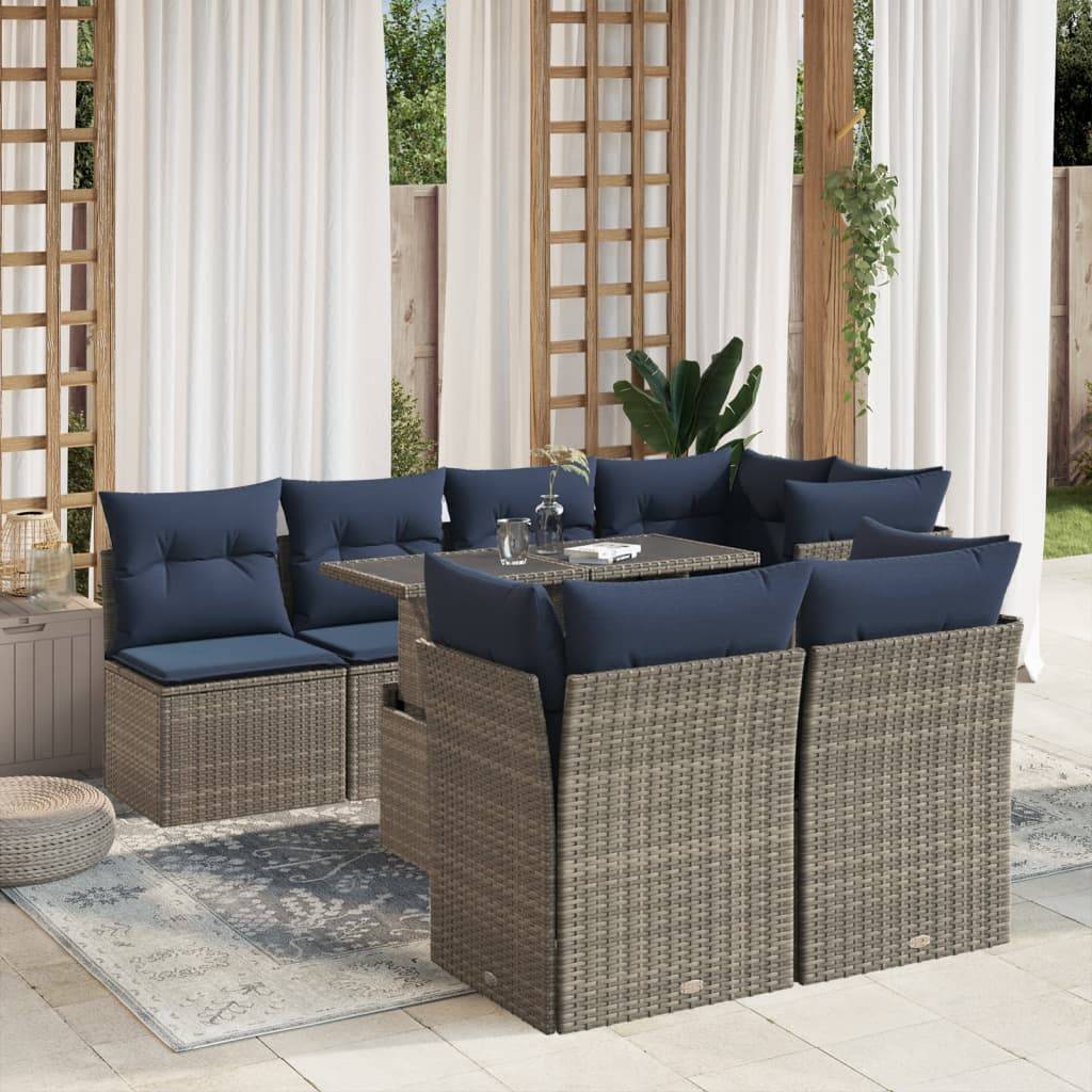 vidaXL 8-teiliges Gartensofa-Set mit Kissen, grau, Polyrattan