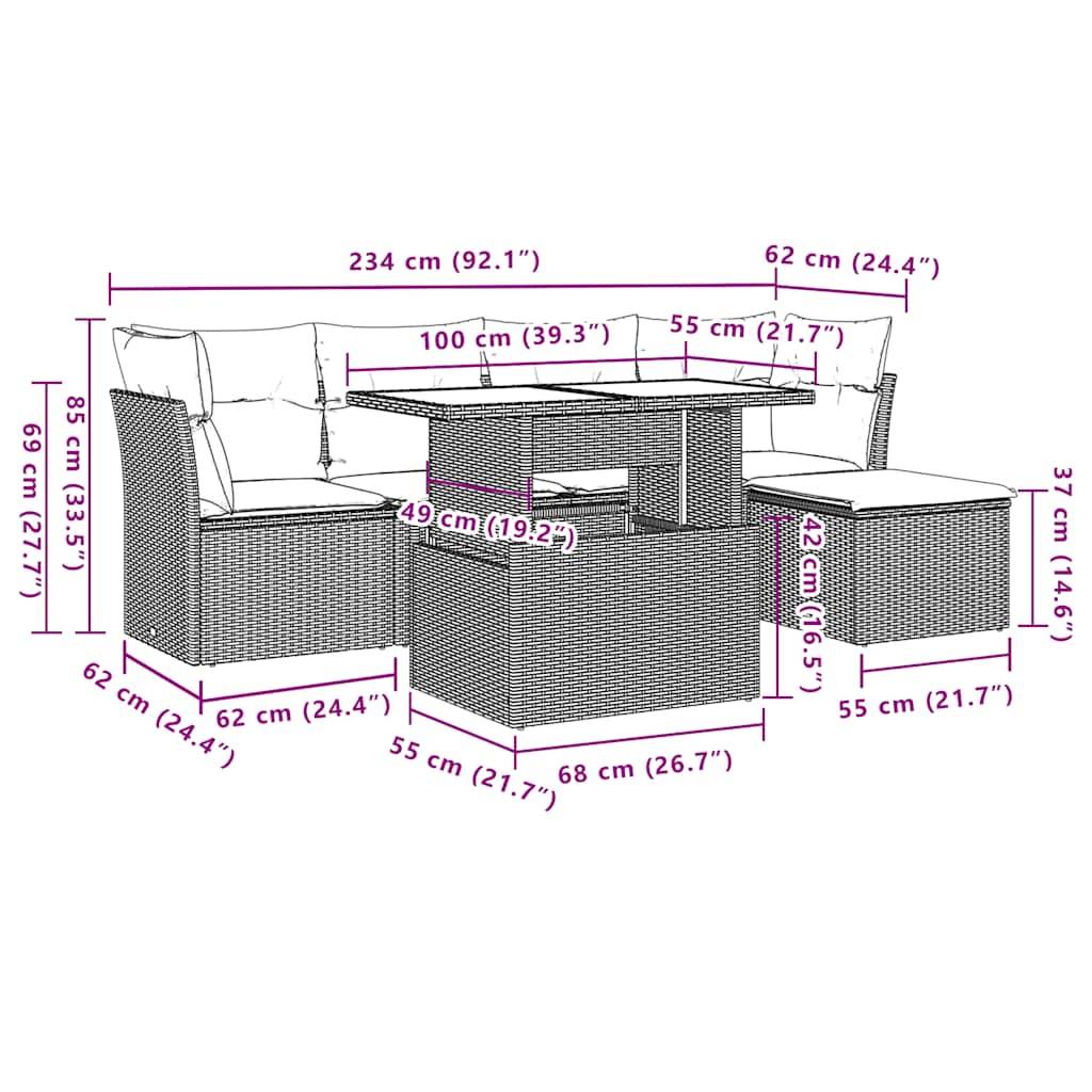 vidaXL 6-teiliges Gartensofa-Set mit Kissen, schwarzes Polyrattan