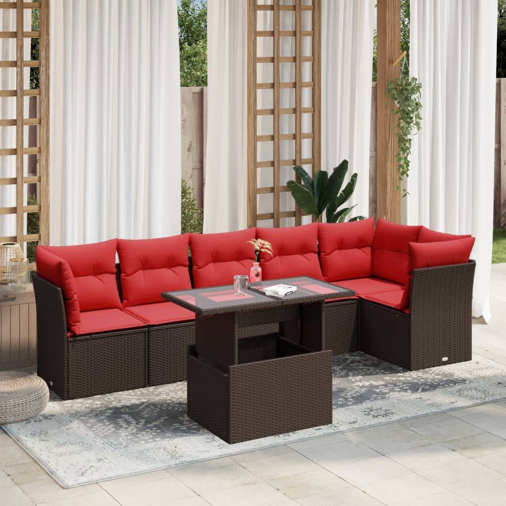 vidaXL 7-teiliges Gartensofa-Set mit Kissen, braun, Polyrattan