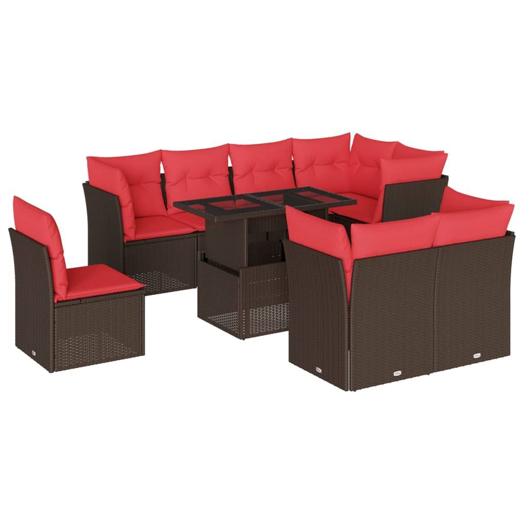 vidaXL 9-teiliges Gartensofa-Set mit Kissen, braun, Polyrattan