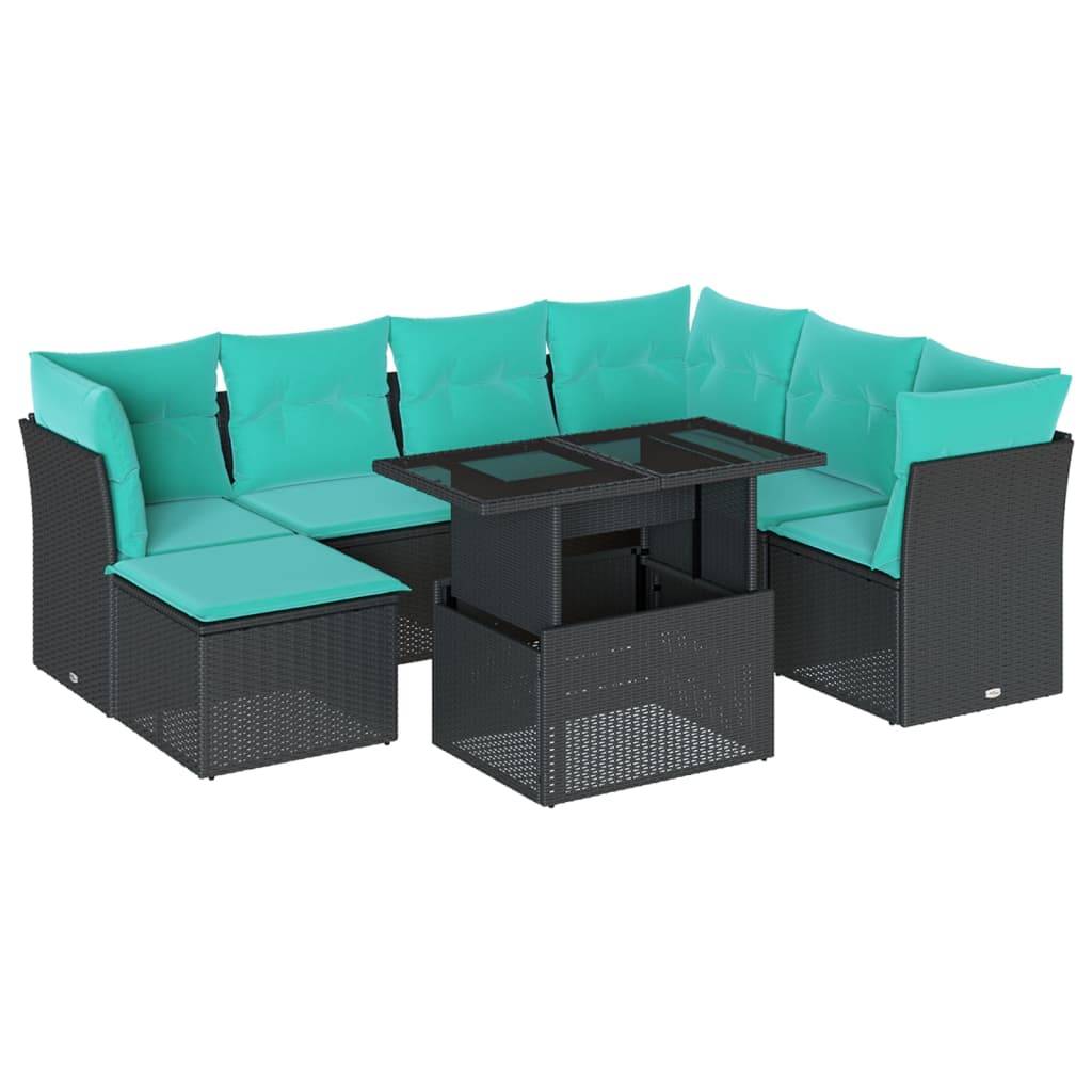 vidaXL 8-teiliges Gartensofa-Set mit Kissen, schwarzes Polyrattan