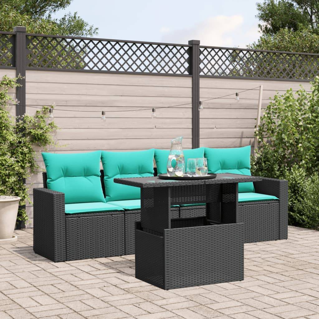 vidaXL 5-teiliges Gartensofa-Set mit Kissen, schwarzes Polyrattan