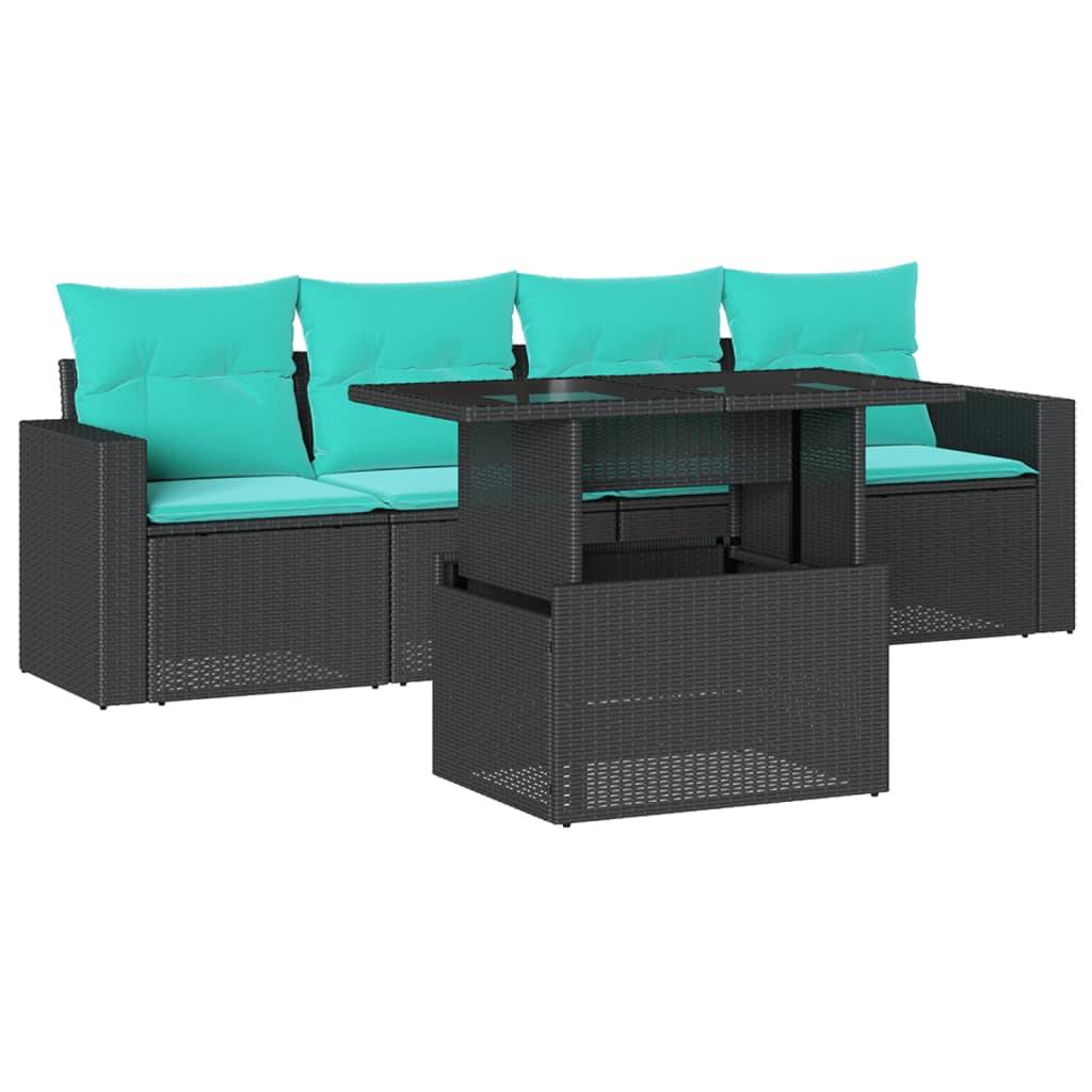 vidaXL 5-teiliges Gartensofa-Set mit Kissen, schwarzes Polyrattan