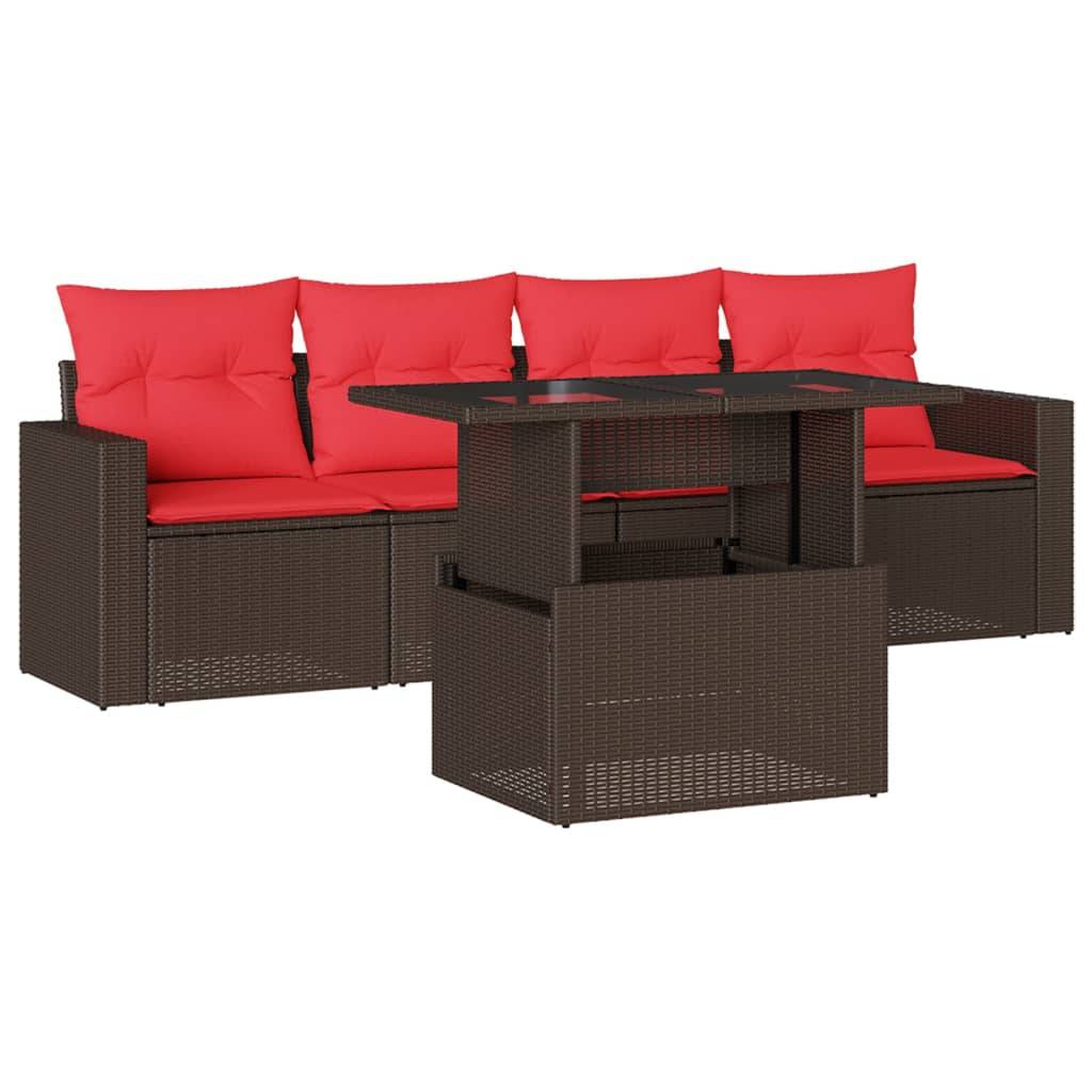 vidaXL 5-teiliges Gartensofa-Set mit Kissen, braun, Polyrattan