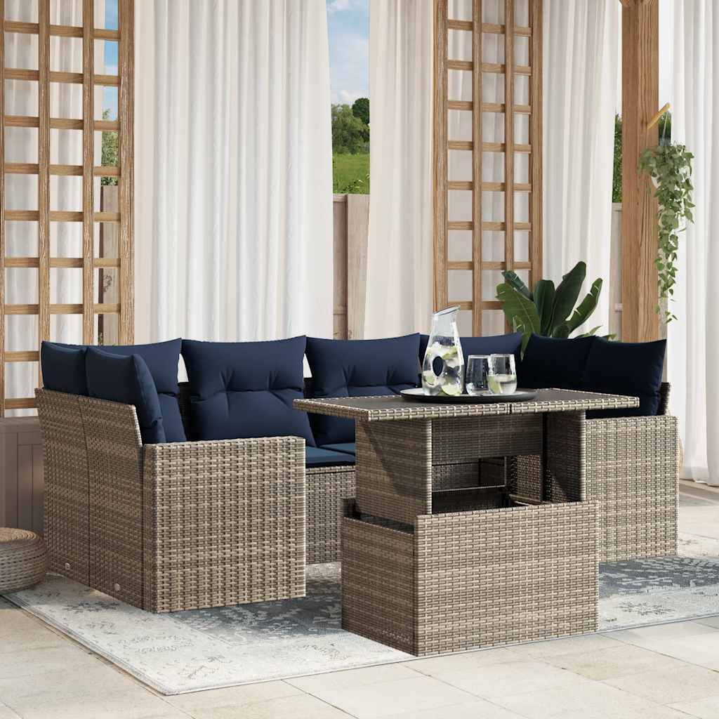 vidaXL 7-teiliges Gartensofa-Set mit Kissen, grau, Polyrattan