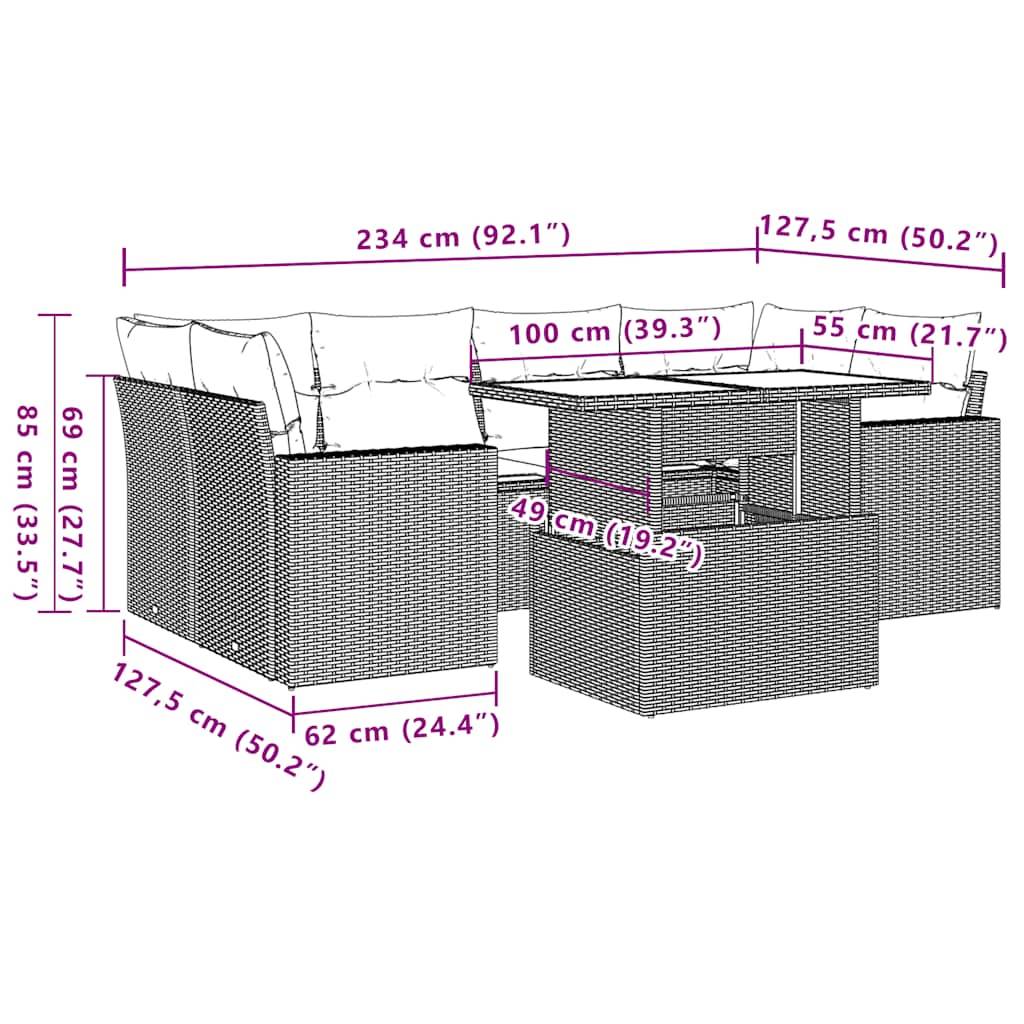 vidaXL 7-teiliges Gartensofa-Set mit Kissen, grau, Polyrattan