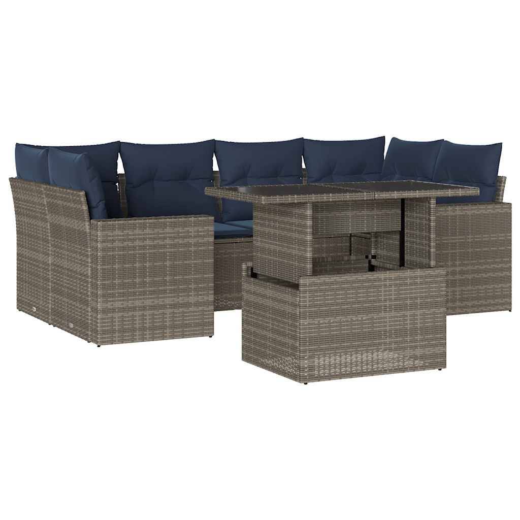 vidaXL 7-teiliges Gartensofa-Set mit Kissen, grau, Polyrattan