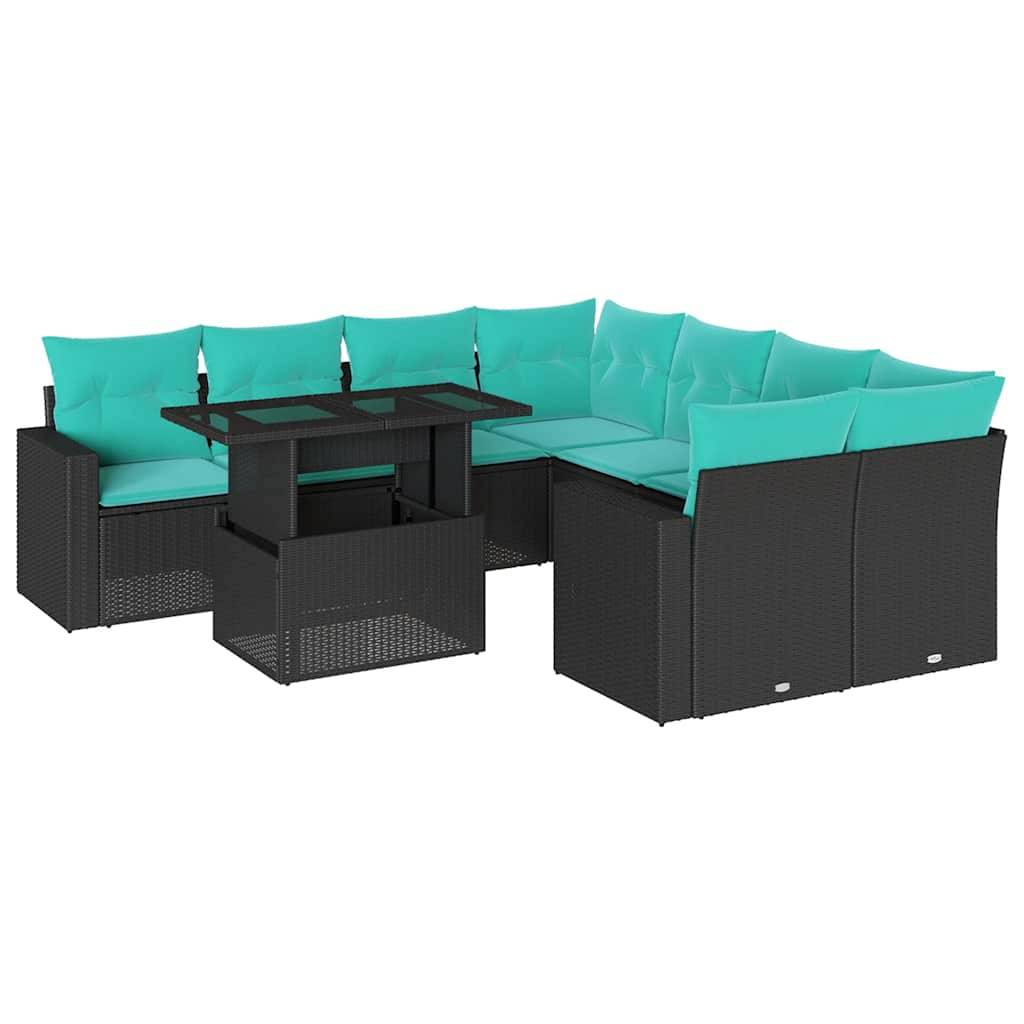 vidaXL 9-teiliges Gartensofa-Set mit Kissen, schwarzes Polyrattan
