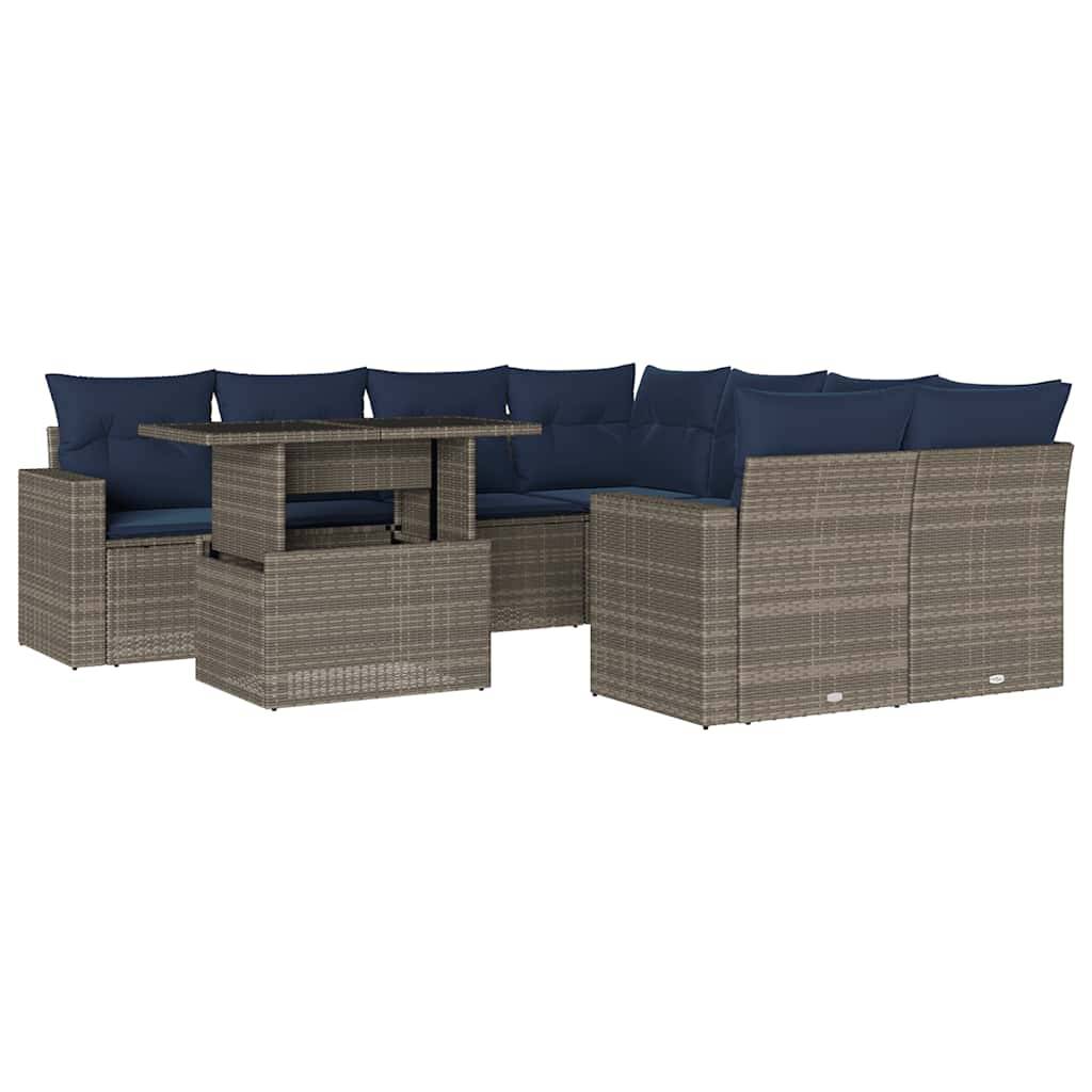 vidaXL 9-teiliges Gartensofa-Set mit Kissen, grau, Polyrattan