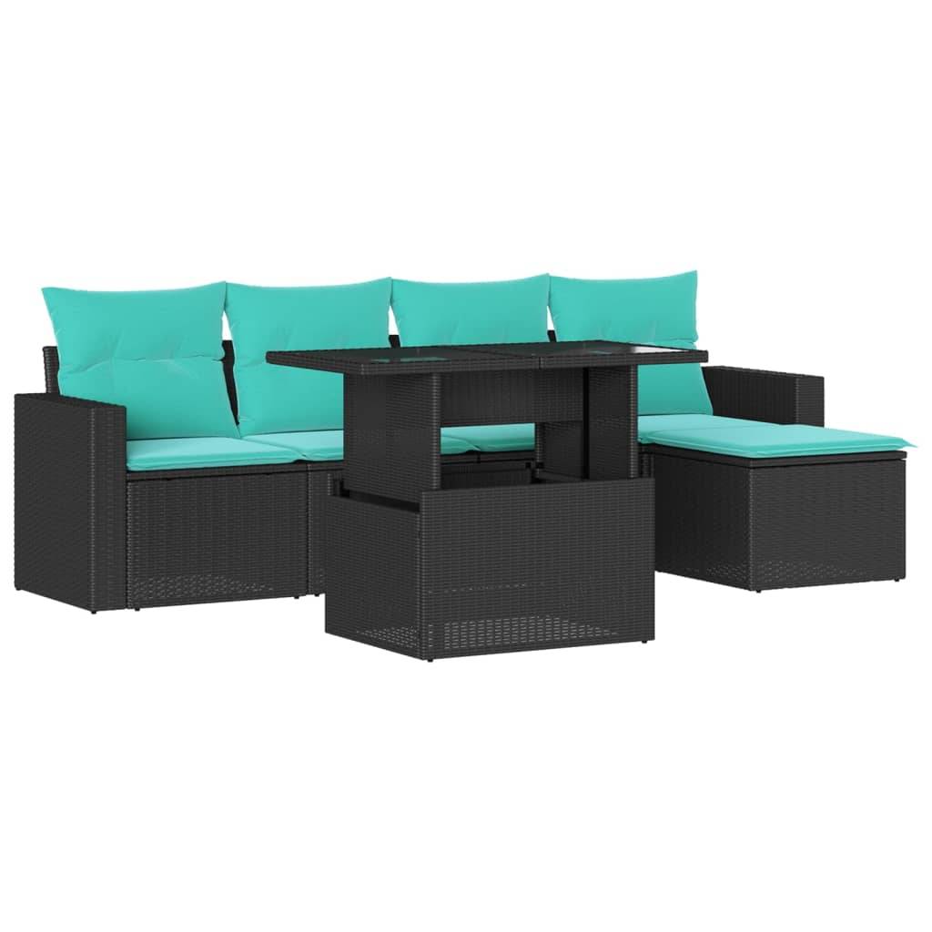 vidaXL 6-teiliges Gartensofa-Set mit Kissen, schwarzes Polyrattan