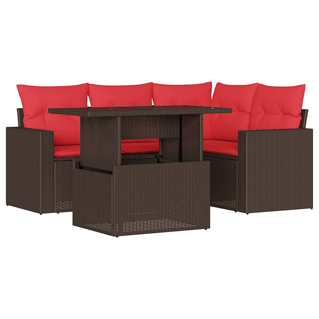 vidaXL 5-teiliges Gartensofa-Set mit Kissen, braun, Polyrattan