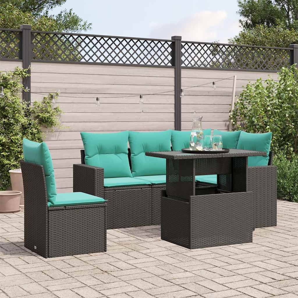 vidaXL 6-teiliges Gartensofa-Set mit Kissen, schwarzes Polyrattan
