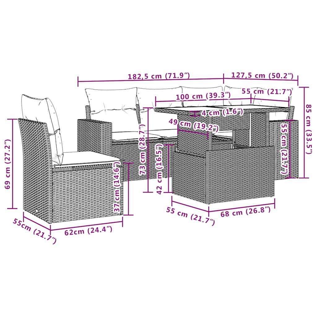 vidaXL 6-teiliges Gartensofa-Set mit Kissen, schwarzes Polyrattan