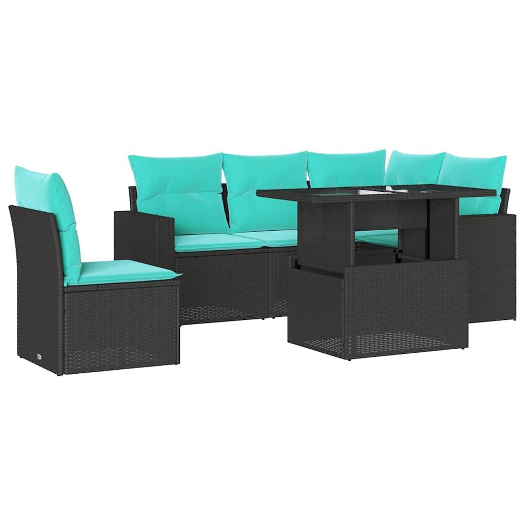vidaXL 6-teiliges Gartensofa-Set mit Kissen, schwarzes Polyrattan