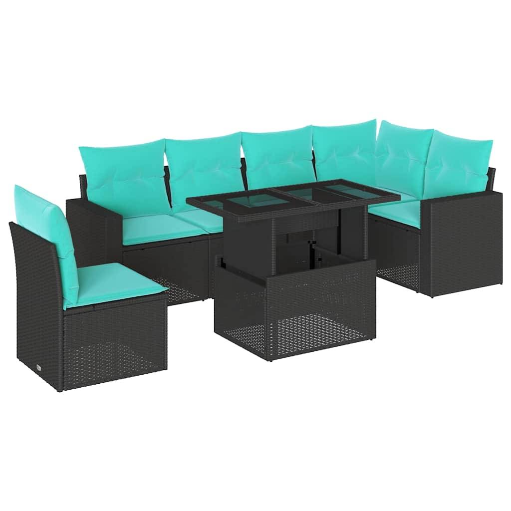 vidaXL 7-teiliges Gartensofa-Set mit Kissen, schwarzes Polyrattan