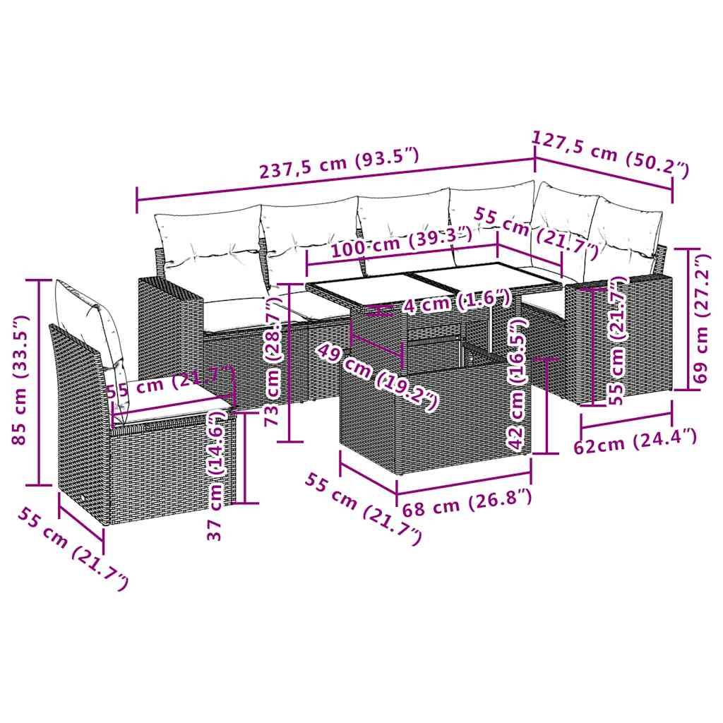 vidaXL 7-teiliges Gartensofa-Set mit Kissen, schwarzes Polyrattan