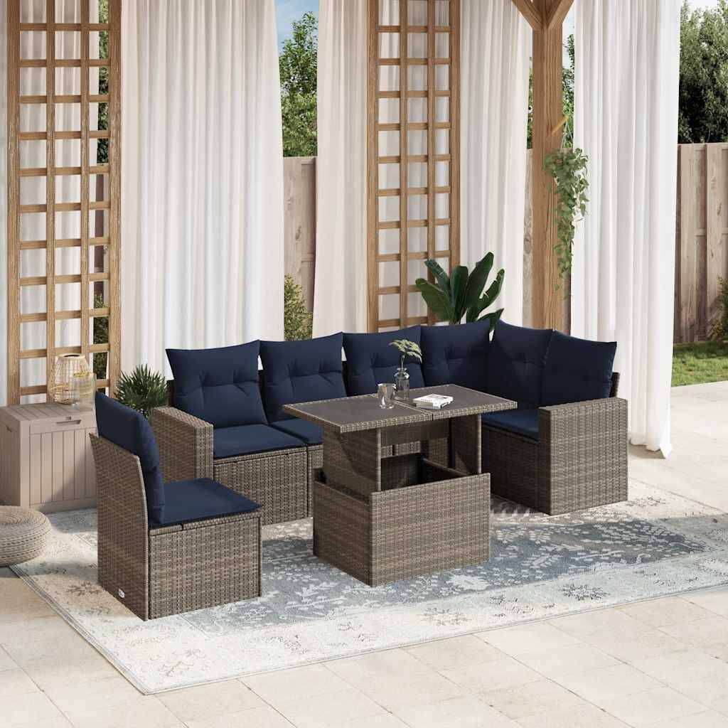 vidaXL 7-teiliges Gartensofa-Set mit Kissen, grau, Polyrattan