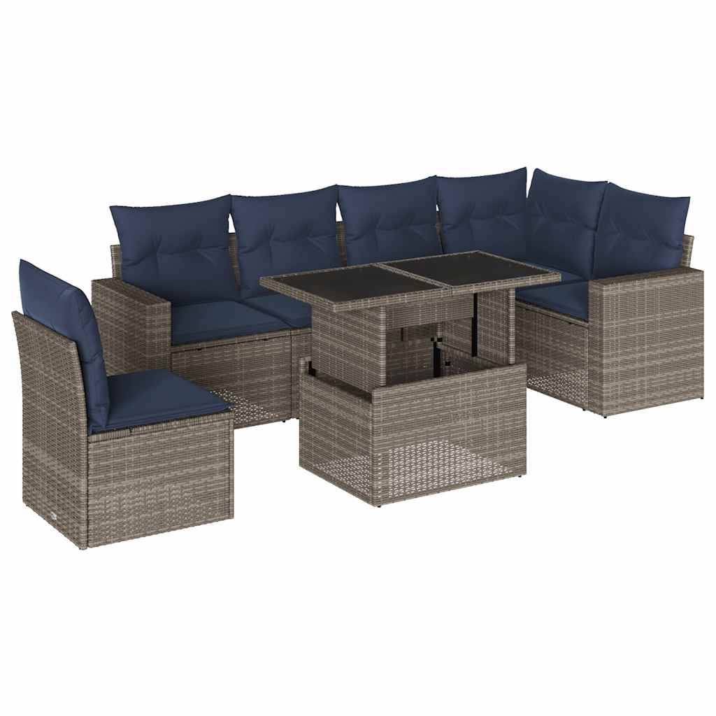 vidaXL 7-teiliges Gartensofa-Set mit Kissen, grau, Polyrattan
