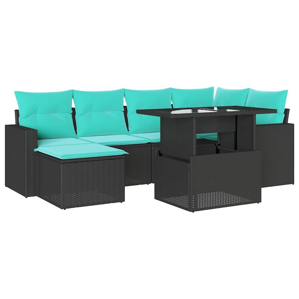 vidaXL 7-teiliges Gartensofa-Set mit Kissen, schwarzes Polyrattan