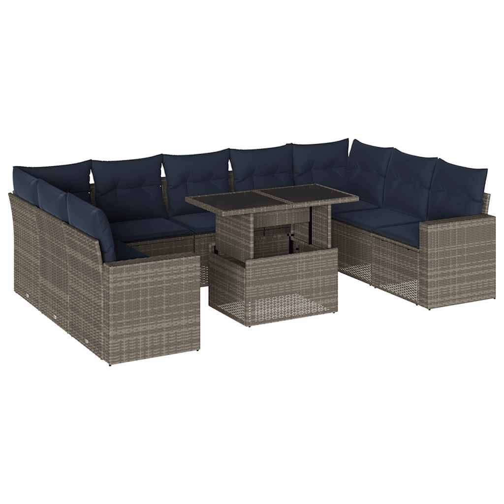 vidaXL 10-teiliges Gartensofa-Set mit Kissen, grau, Polyrattan