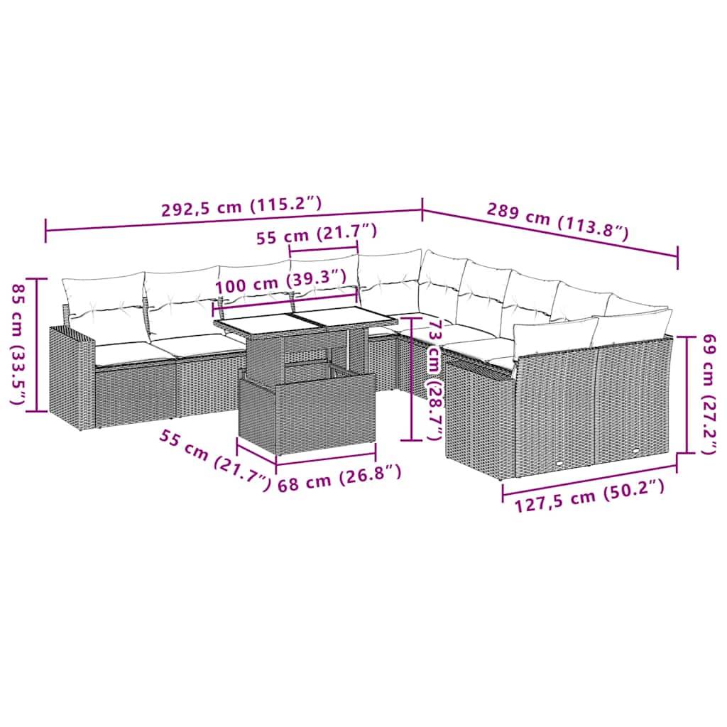 vidaXL 11-teiliges Gartensofa-Set mit Kissen, braun, Polyrattan