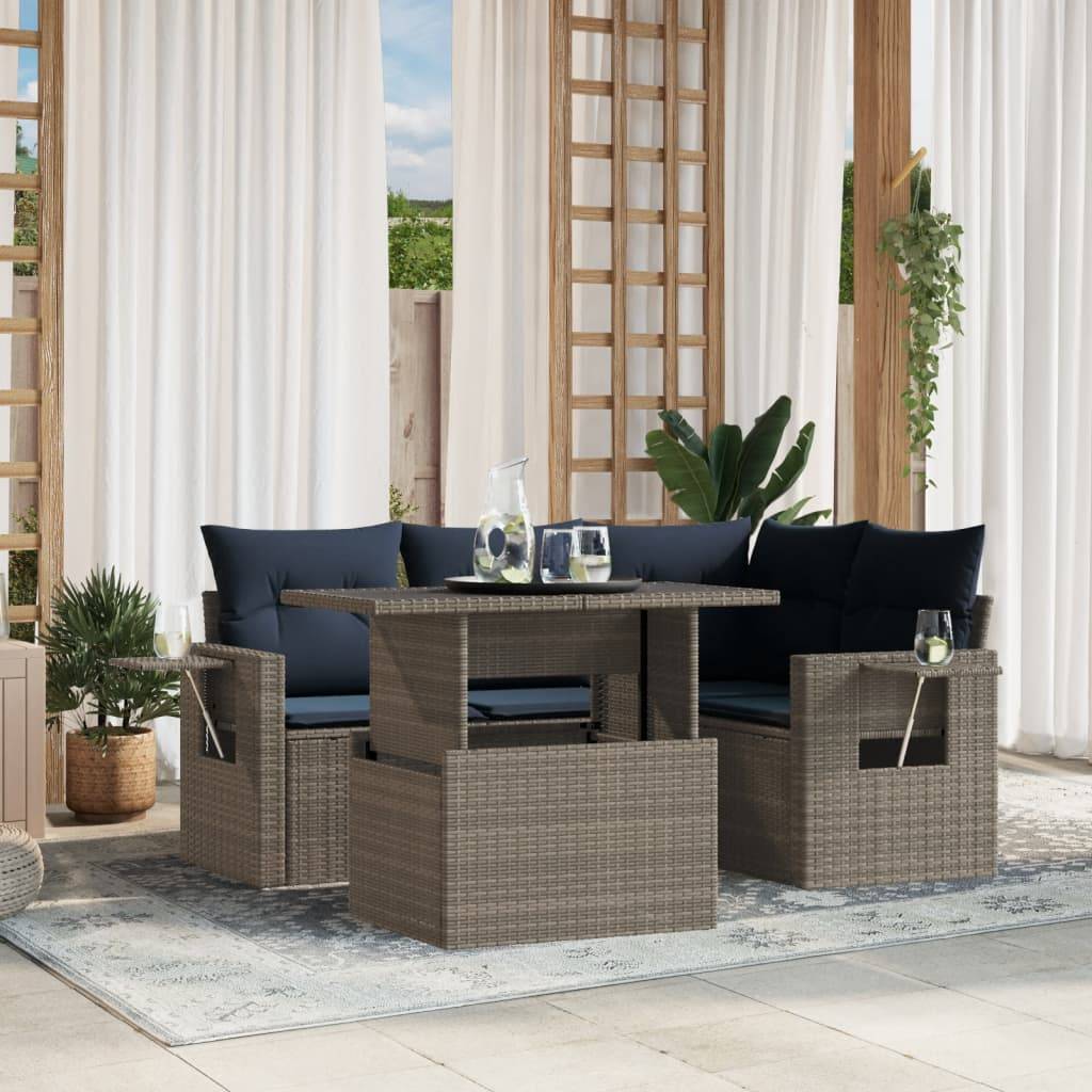vidaXL 5-teiliges Gartensofa-Set mit Kissen, grau, Polyrattan