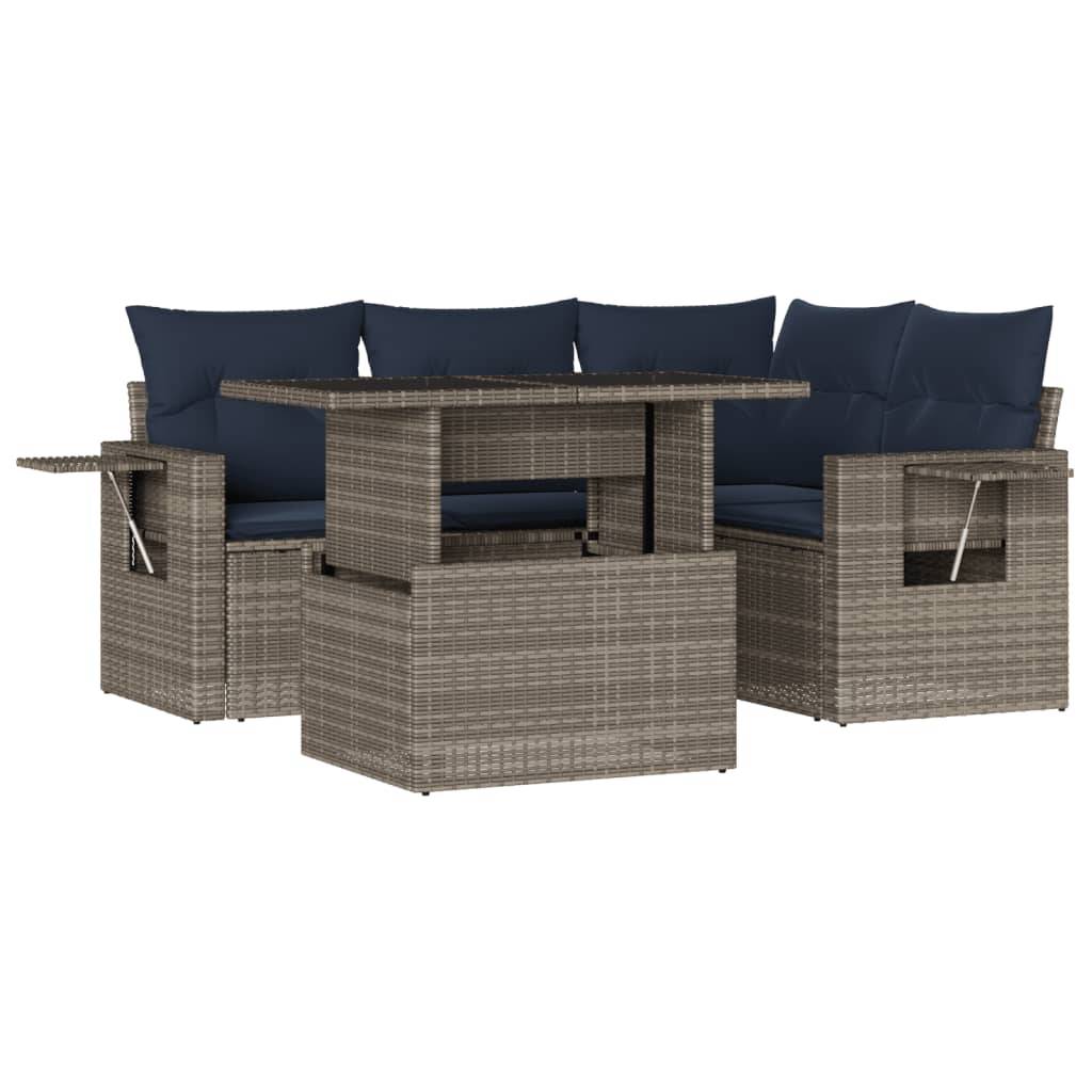 vidaXL 5-teiliges Gartensofa-Set mit Kissen, grau, Polyrattan