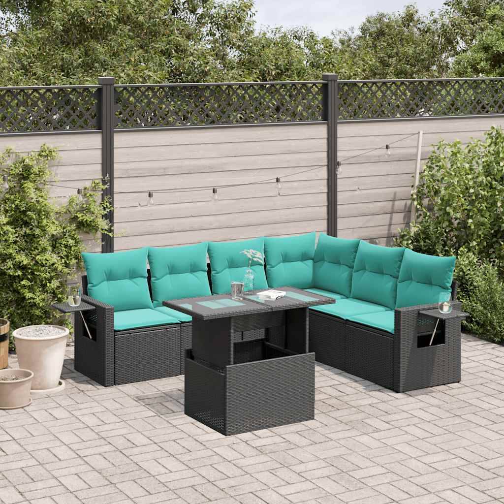 vidaXL 7-teiliges Gartensofa-Set mit Kissen, schwarzes Polyrattan