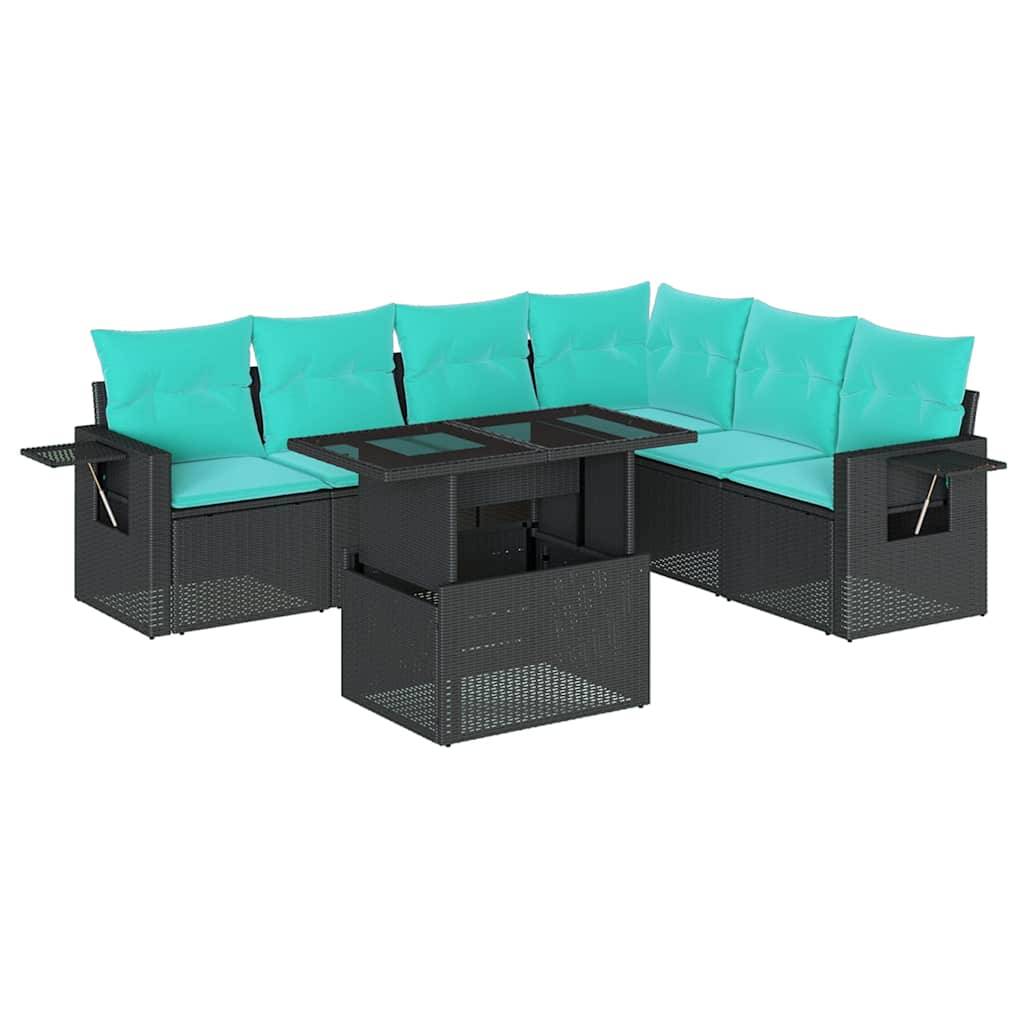 vidaXL 7-teiliges Gartensofa-Set mit Kissen, schwarzes Polyrattan