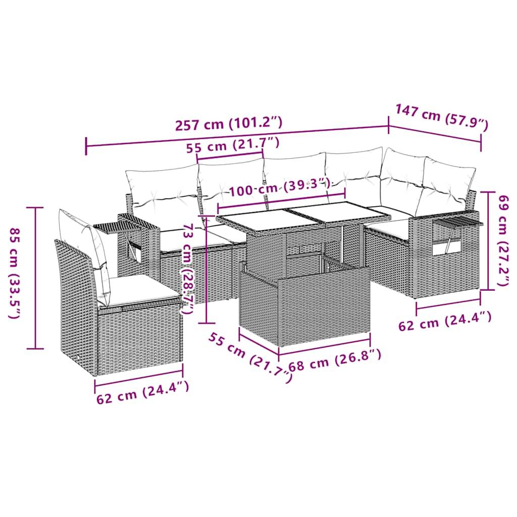 vidaXL 7-teiliges Gartensofa-Set mit Kissen, braun, Polyrattan