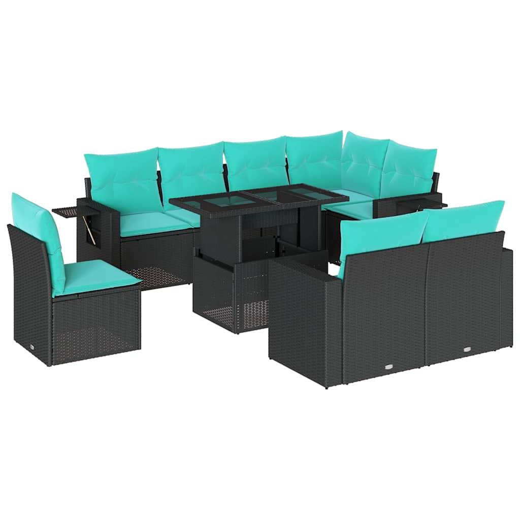 vidaXL 9-teiliges Gartensofa-Set mit Kissen, schwarzes Polyrattan