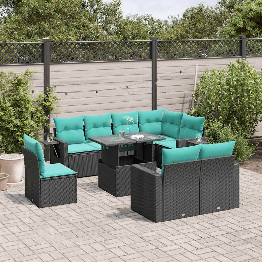 vidaXL 9-teiliges Gartensofa-Set mit Kissen, schwarzes Polyrattan