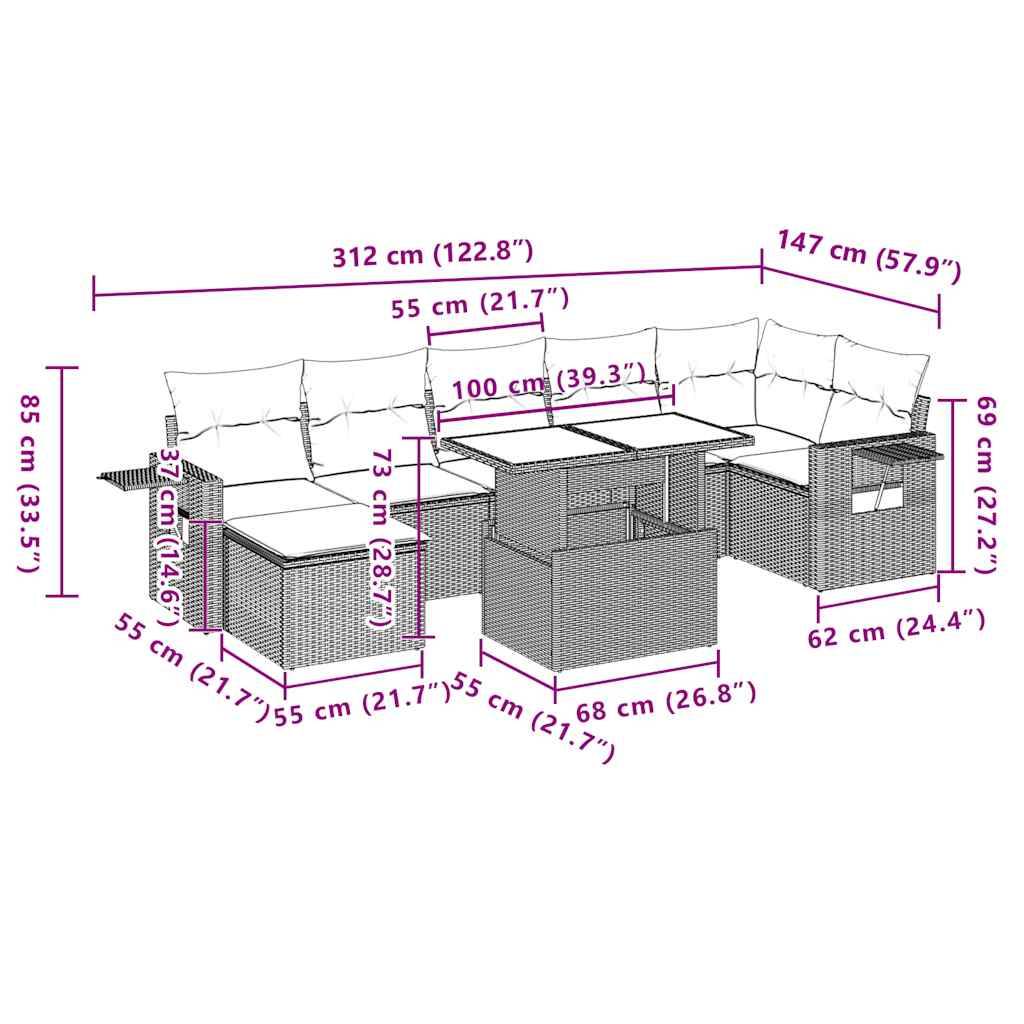 vidaXL 8-teiliges Gartensofa-Set mit Kissen, grau, Polyrattan