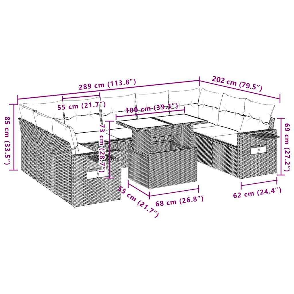 vidaXL 10-teiliges Gartensofa-Set mit Kissen, schwarzes Polyrattan