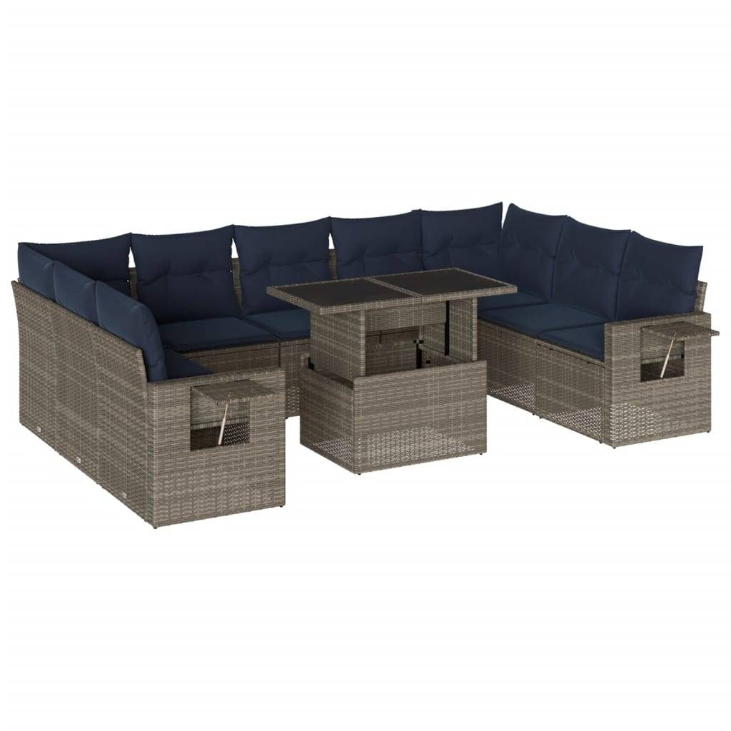 vidaXL 10-teiliges Gartensofa-Set mit Kissen, grau, Polyrattan