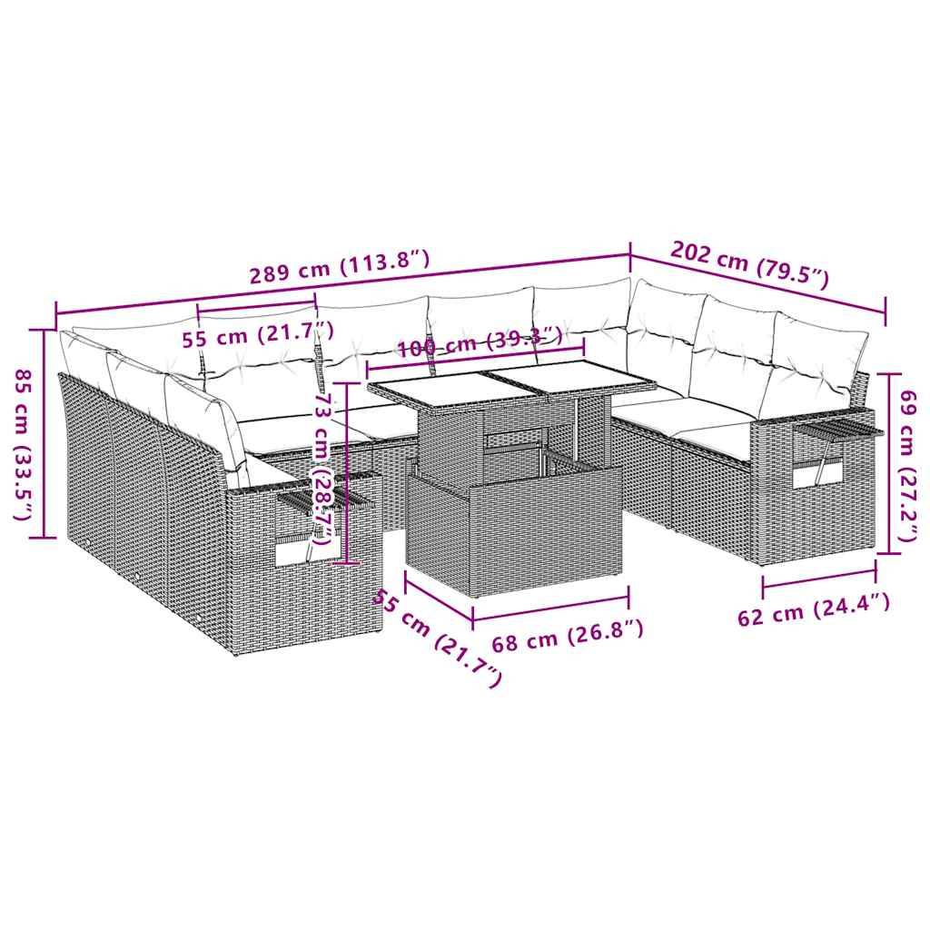 vidaXL 10-teiliges Gartensofa-Set mit Kissen, grau, Polyrattan
