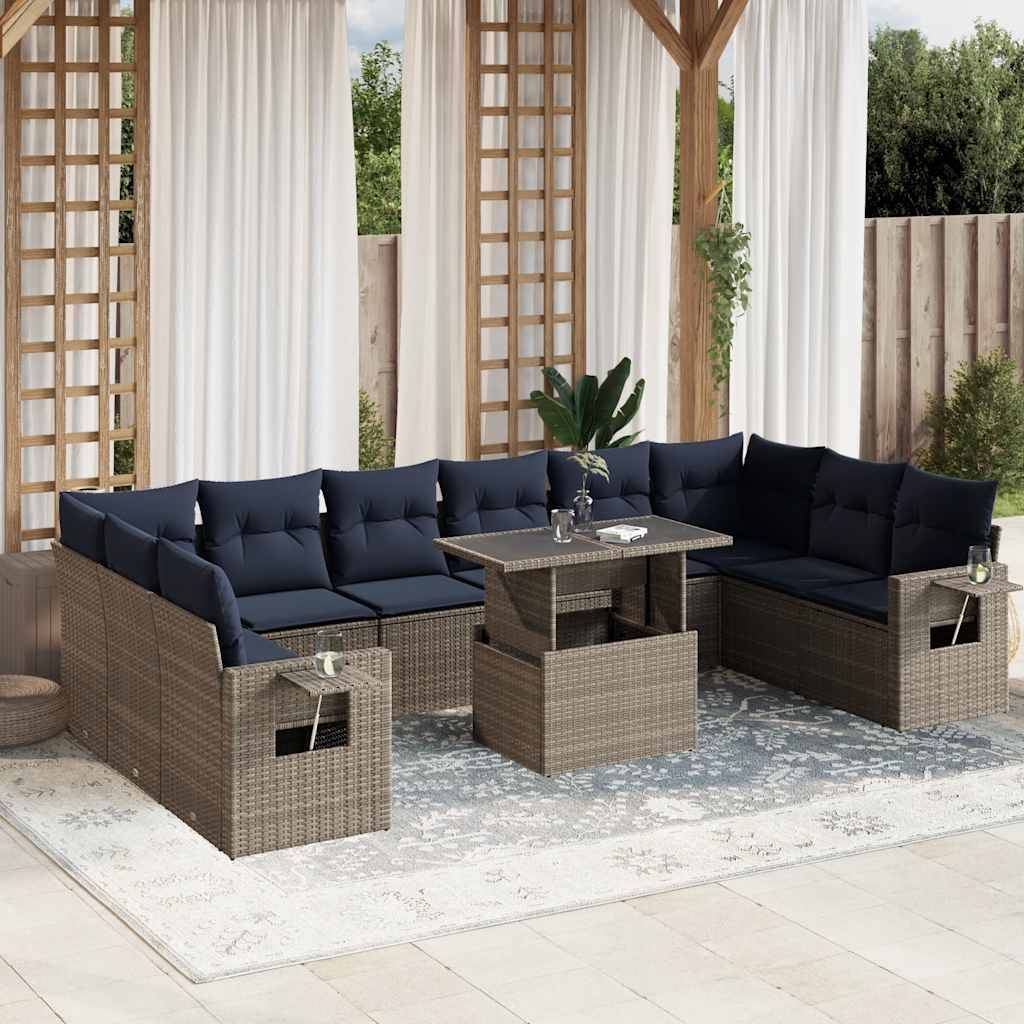vidaXL 11-teiliges Gartensofa-Set mit Kissen, grau, Polyrattan