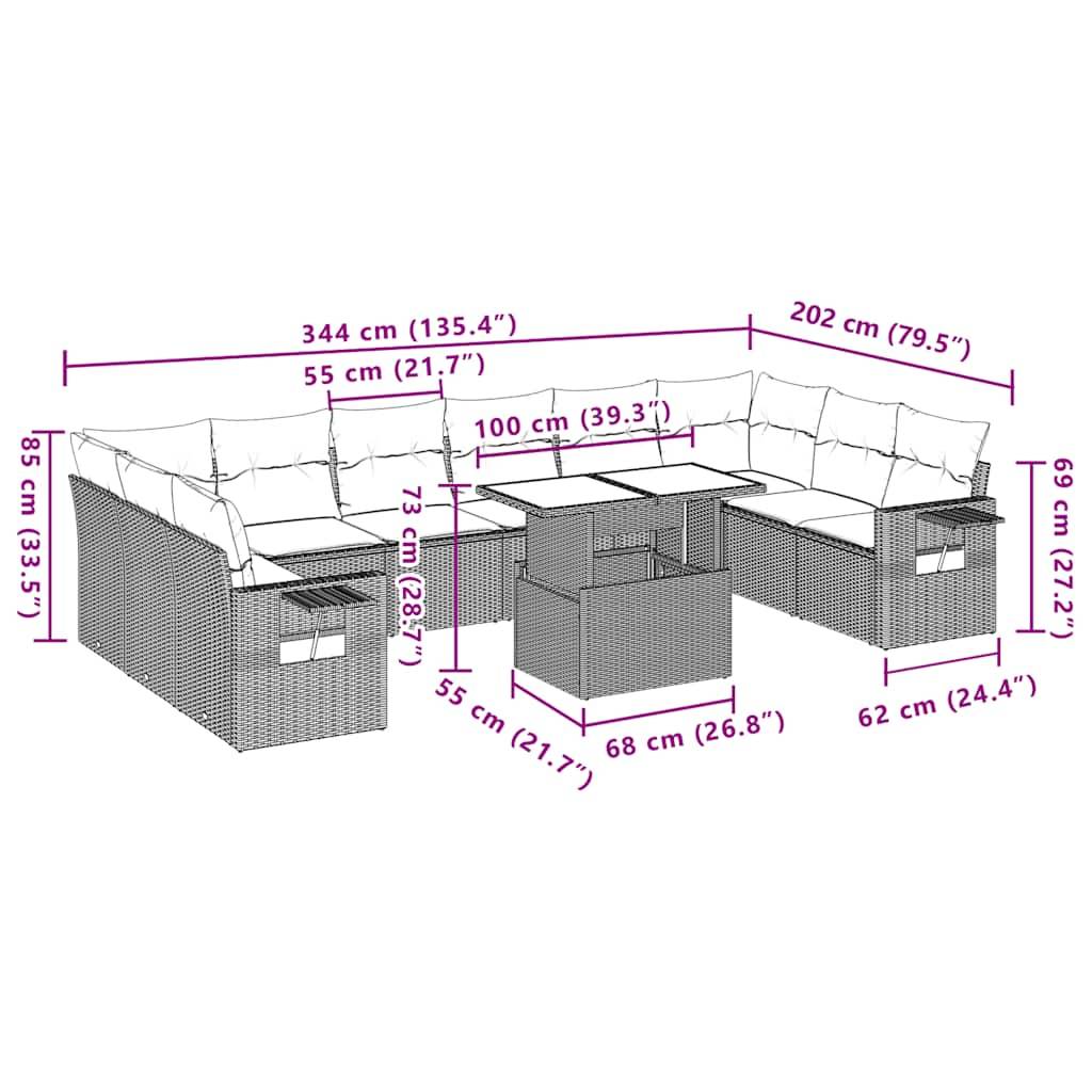 vidaXL 11-teiliges Gartensofa-Set mit Kissen, grau, Polyrattan