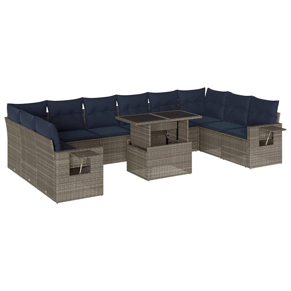 vidaXL 11-teiliges Gartensofa-Set mit Kissen, grau, Polyrattan