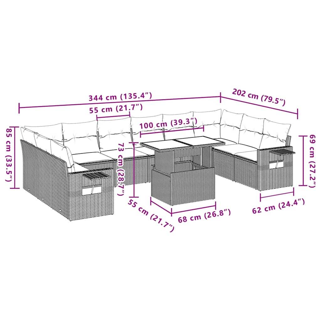 vidaXL 11-teiliges Gartensofa-Set mit Kissen, schwarzes Polyrattan