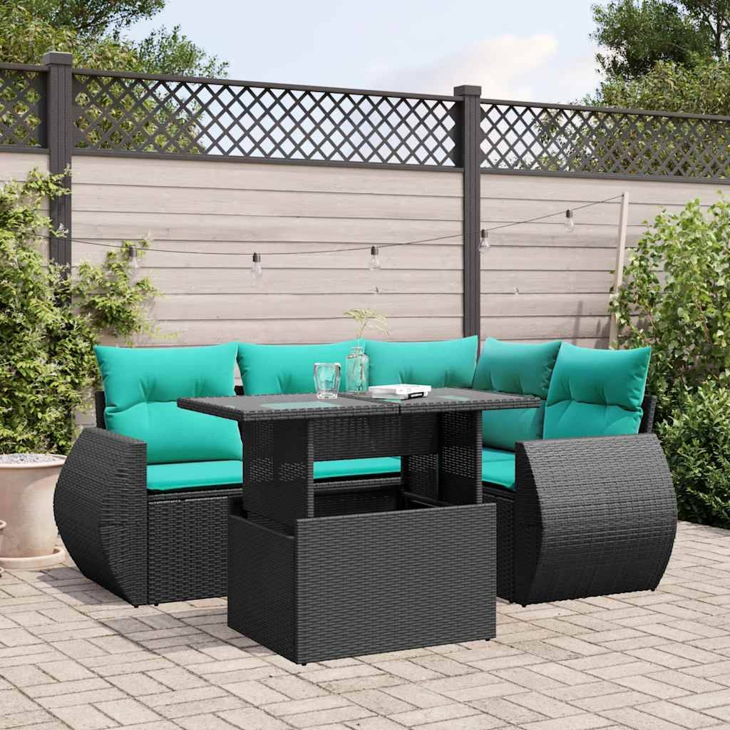 vidaXL 5-teiliges Gartensofa-Set mit Kissen, schwarzes Polyrattan