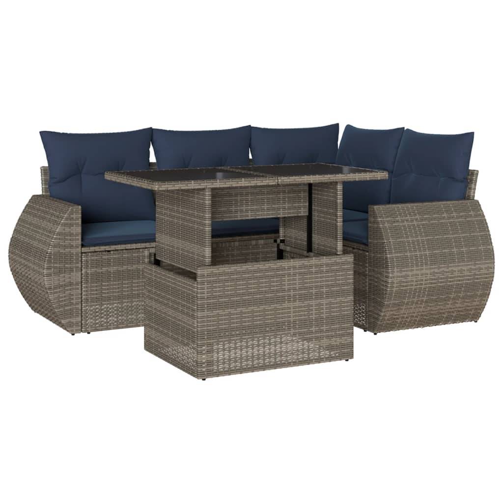 vidaXL 5-teiliges Gartensofa-Set mit Kissen, grau, Polyrattan