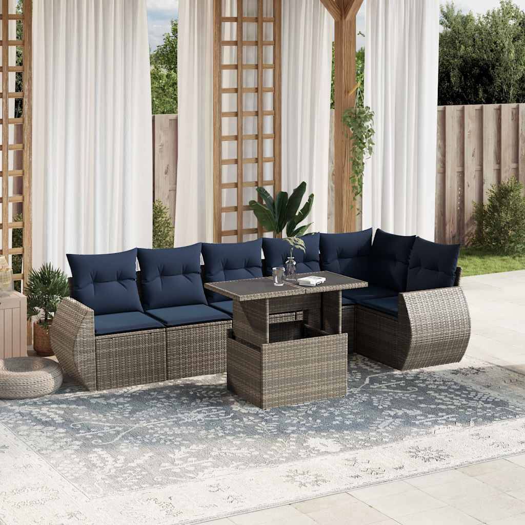 vidaXL 7-teiliges Gartensofa-Set mit Kissen, grau, Polyrattan