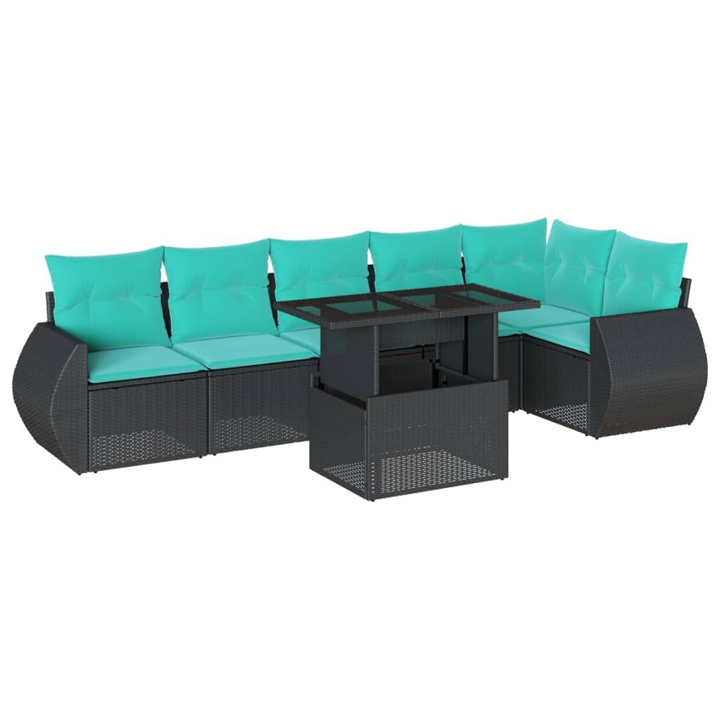vidaXL 7-teiliges Gartensofa-Set mit Kissen, schwarzes Polyrattan