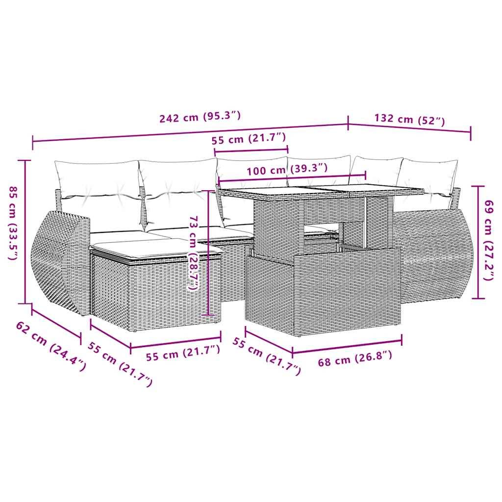 vidaXL 7-teiliges Gartensofa-Set mit Kissen, grau, Polyrattan