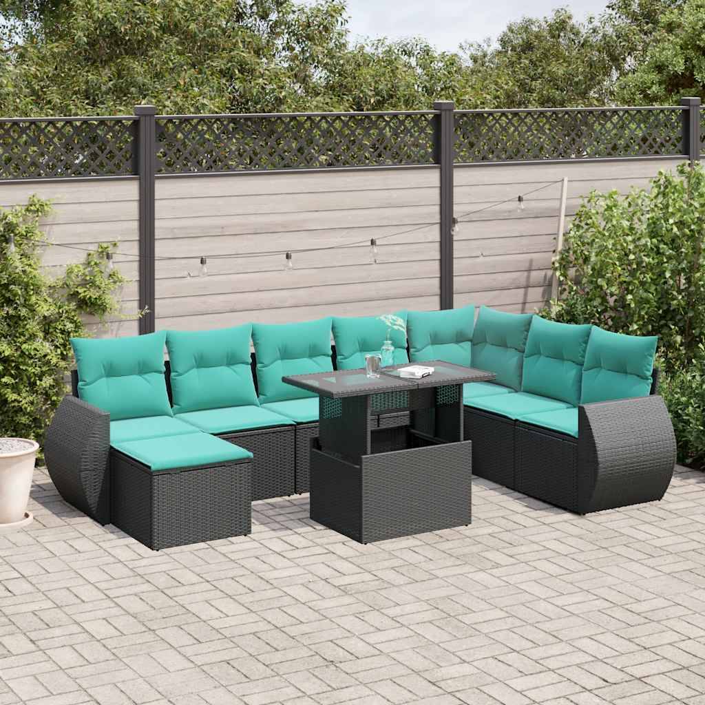 vidaXL 9-teiliges Gartensofa-Set mit Kissen, schwarzes Polyrattan