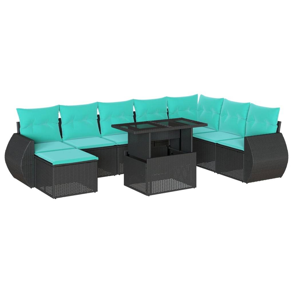 vidaXL 9-teiliges Gartensofa-Set mit Kissen, schwarzes Polyrattan