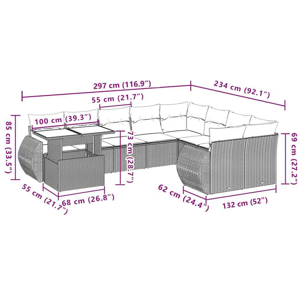 vidaXL 10-teiliges Gartensofa-Set mit Kissen, grau, Polyrattan