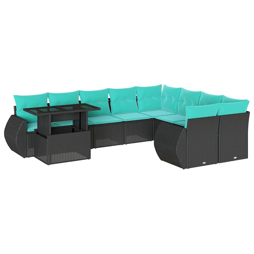vidaXL 10-teiliges Gartensofa-Set mit Kissen, schwarzes Polyrattan
