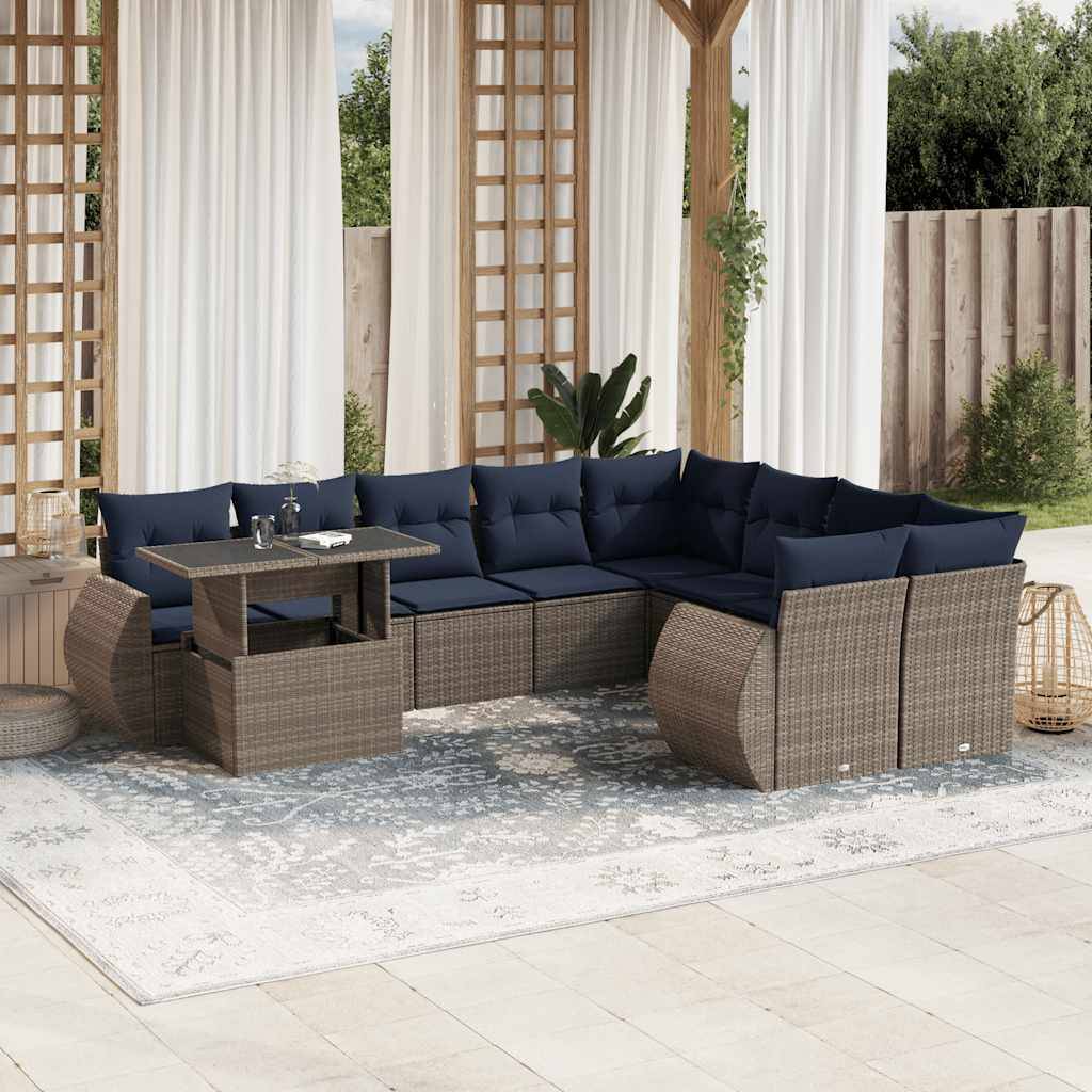 vidaXL 10-teiliges Gartensofa-Set mit Kissen, grau, Polyrattan